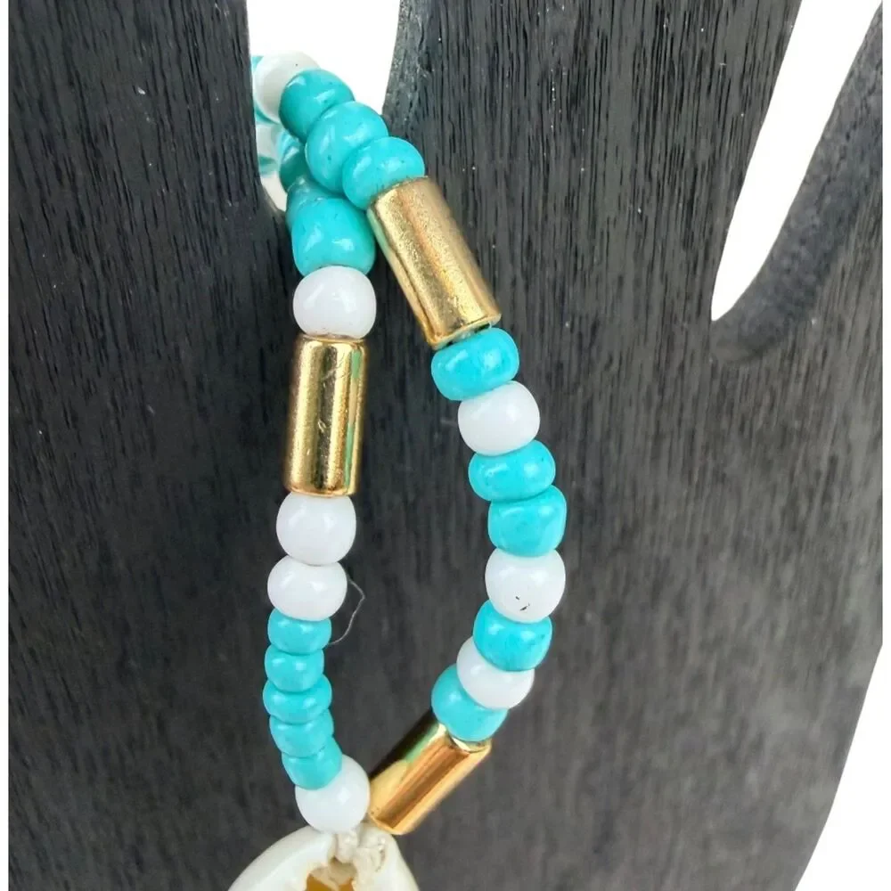 J.Crew 3-In-1 Strand Cowrie Shell Turquoise White Bead Tassel Bracelet Gold